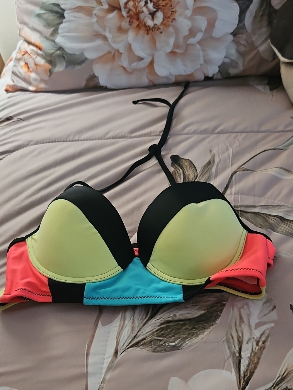 Xhileration Bikini Top Tie Around Neck Black Pink Blue Green Size MED